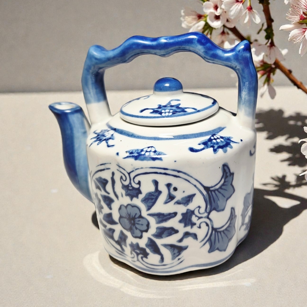 Vintage Blue and White Ceramic Oriental Small Handled Teapot Decor Only 4"